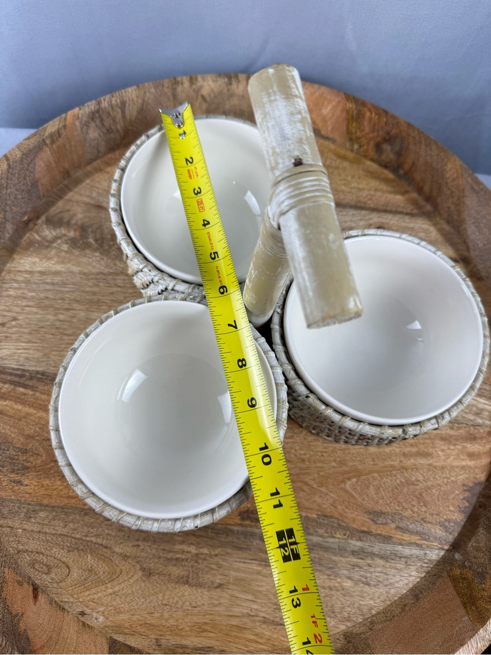 Farmhouse Rattan Dip Bowl Set Rustic Condiment Server Wood Handle - Picture 5 of 10